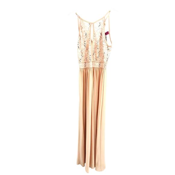 Morgan & Co Sequence Embellished Tie Back Long Halter Dress Nude Size 4 - Picture 2 of 7